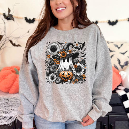 Halloween Crew Sweater, Ghost with Flowers Pumpkin and Bats, Floral Spooky