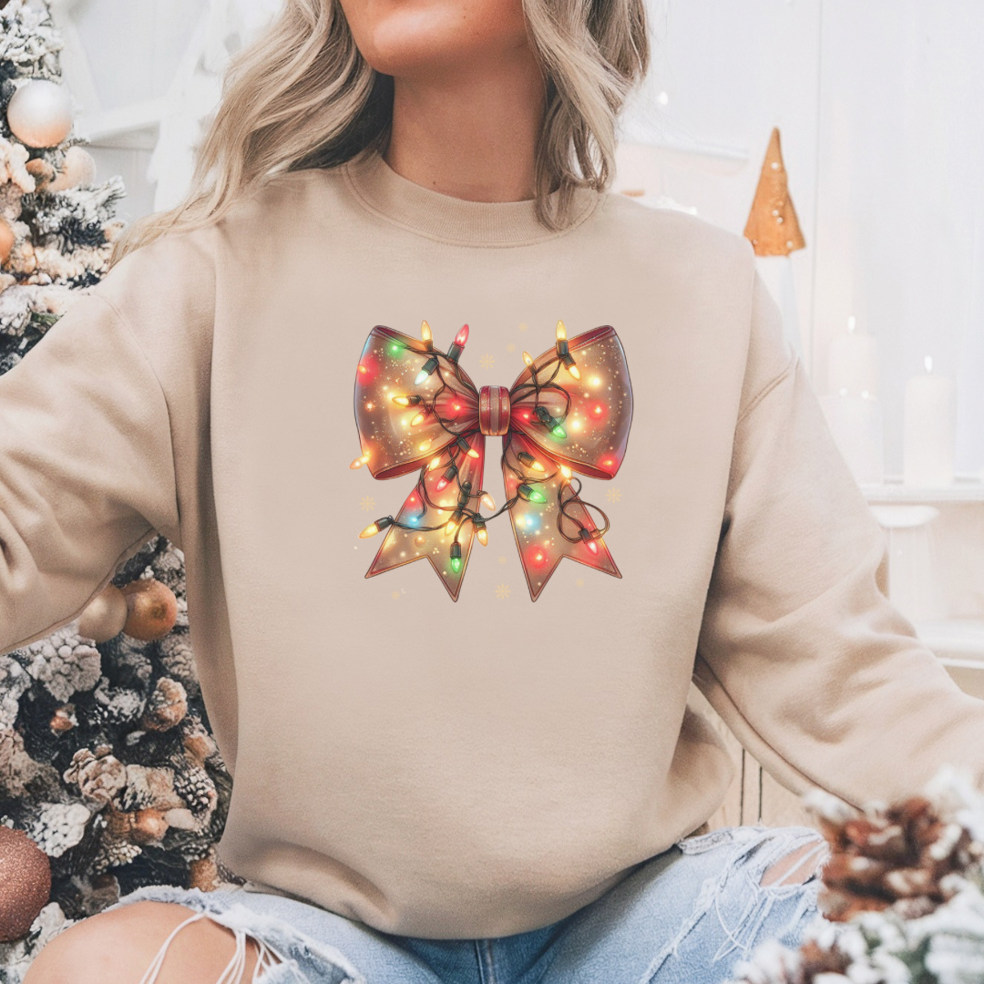 Coquette Christmas Lights Sweatshirt, Coquette Bow Merry Christmas Sweater, Ribbon Winter Holiday Tee, Vintage Mom Women Shirt Gift for Her