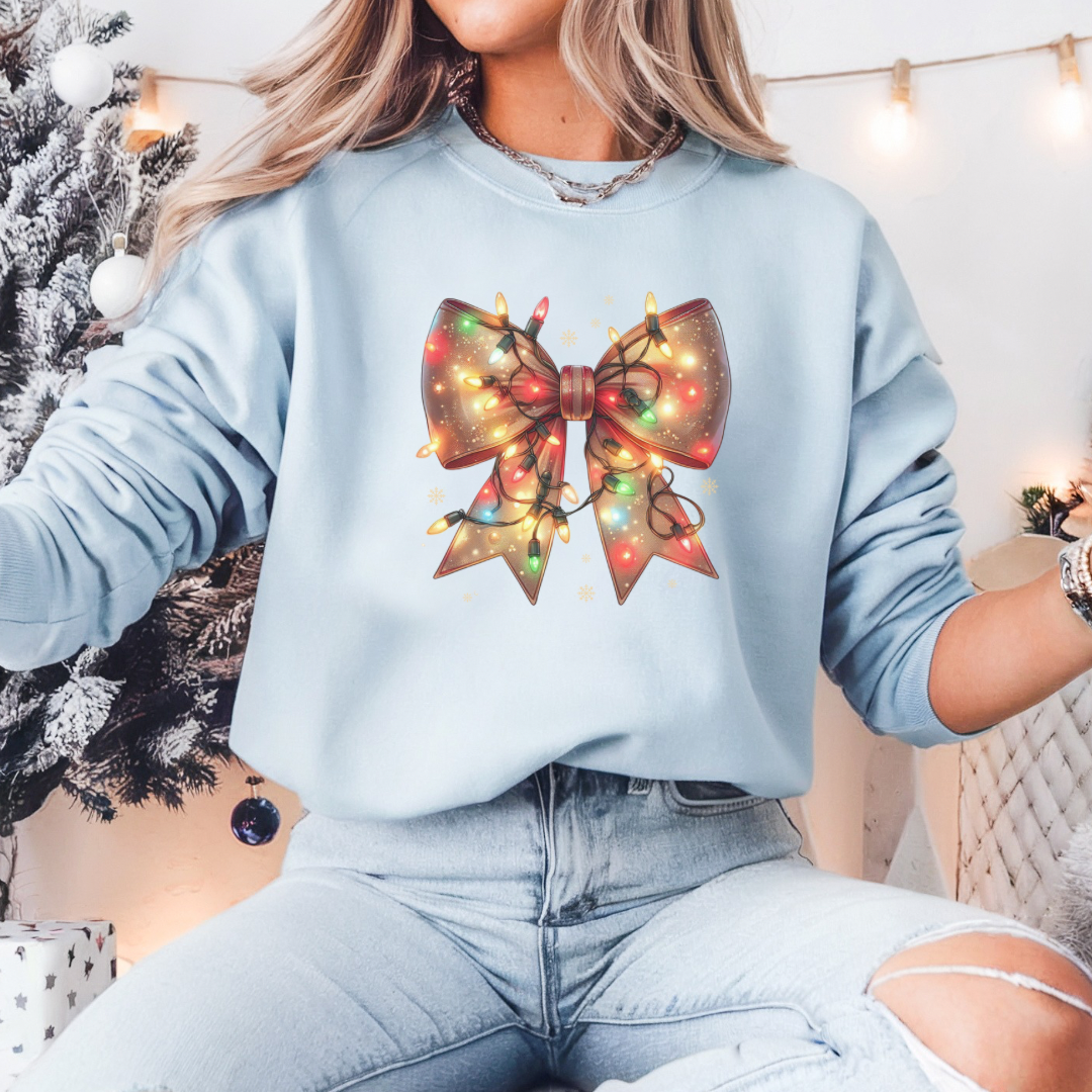 Coquette Christmas Lights Sweatshirt, Coquette Bow Merry Christmas Sweater, Ribbon Winter Holiday Tee, Vintage Mom Women Shirt Gift for Her