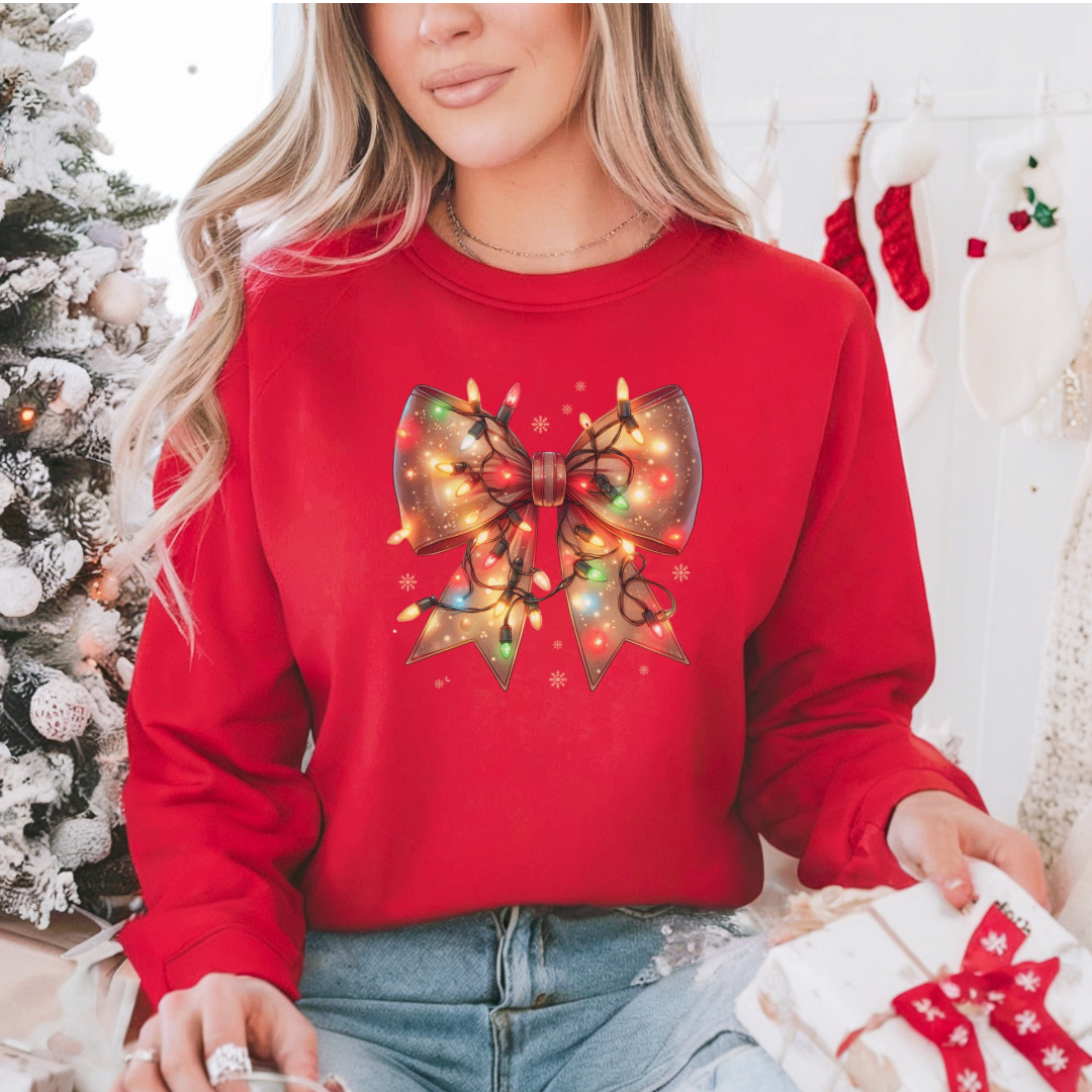 Coquette Christmas Lights Sweatshirt, Coquette Bow Merry Christmas Sweater, Ribbon Winter Holiday Tee, Vintage Mom Women Shirt Gift for Her