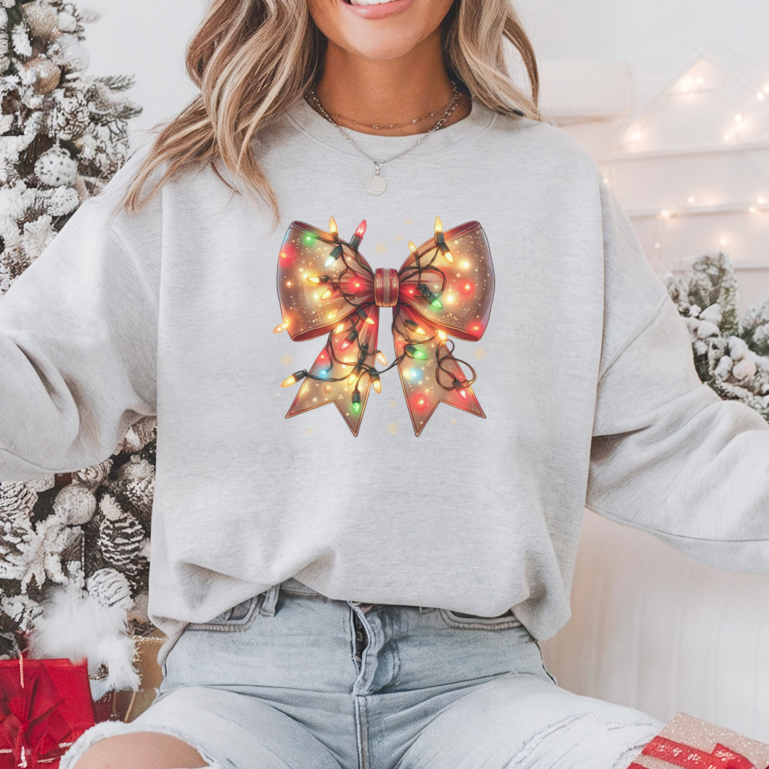 Coquette Christmas Lights Sweatshirt, Coquette Bow Merry Christmas Sweater, Ribbon Winter Holiday Tee, Vintage Mom Women Shirt Gift for Her