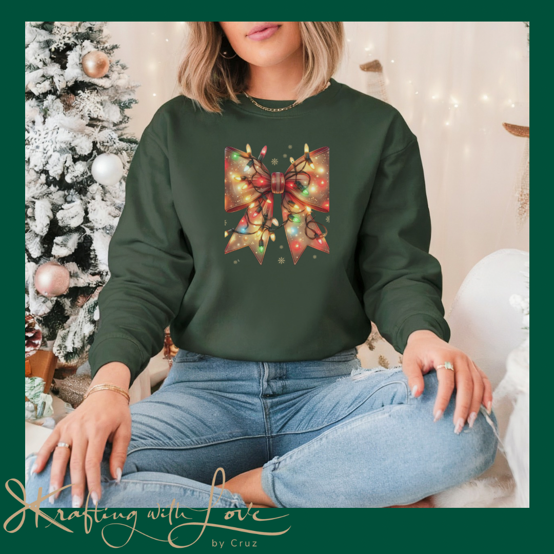 Coquette Christmas Lights Sweatshirt, Coquette Bow Merry Christmas Sweater, Ribbon Winter Holiday Tee, Vintage Mom Women Shirt Gift for Her