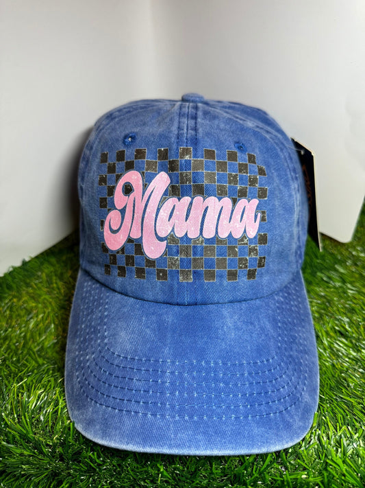 Checkers, mama vintage baseball/softball hat, blue, khaki, and burgundy.