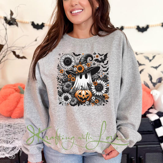 Halloween Sweater, Ghost with Flowers Pumpkin and Bats, Floral Spooky